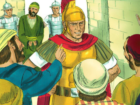 जब भीड़ ने सेनापति और सैनिकों को आते देखा, तो उन्होंने पौलुस को पीटना बंद कर दिया। सेनापति ने पौलुस को पकड़कर दो जंजीरों से बान्ध दिया। और आदेश दिया कि उसे किले में ले जाया जाए। भीड़ उसके पीछे-पीछे चिल्लाती हुई, 'उसे मार डालो, उसे मार डालो!' – Slide número 6