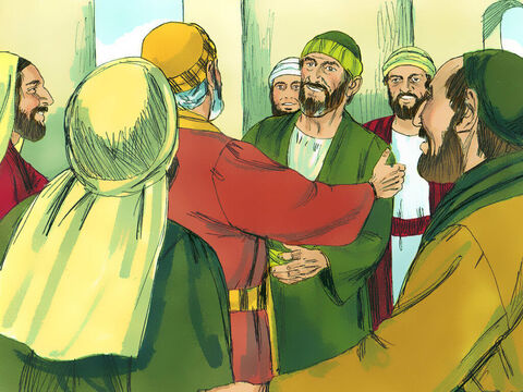 जब वे यरूशलेम पहुंचे तो वहां के मसीहियों ने उनका गर्मजोशी से स्वागत किया। – Slide número 12