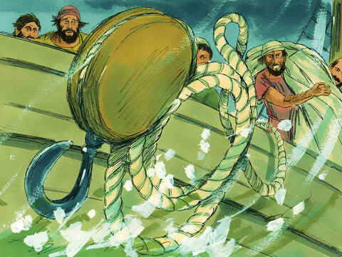 अगले दिन उन्होंने जहाज़ खेने का सामान भी ले लिया और उसे पानी में फेंक दिया। – Slide número 11