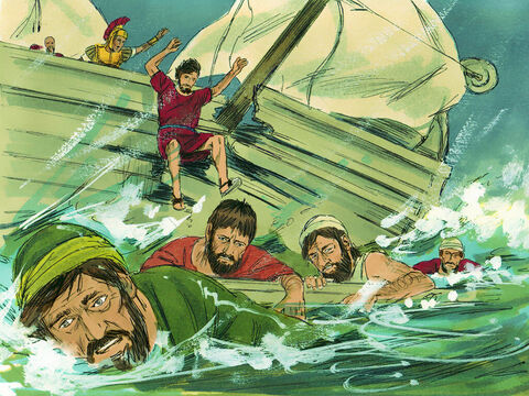 फिर उसने उन सभी को आदेश दिया जो तैर सकते थे कि वे पहले पानी में कूद कर किनारे की ओर चले जाये। दूसरों ने टूटे हुए जहाज के तख्तों या मलबे को पकड़ रखा था। – Slide número 26