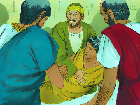 पौलुस नीचे गया और उस पर झुक कर उसे अपनी गोद में ले लिया। 'चिंता मत करो,' उसने कहा, 'वह जिंदा है!' – Slide número 12
