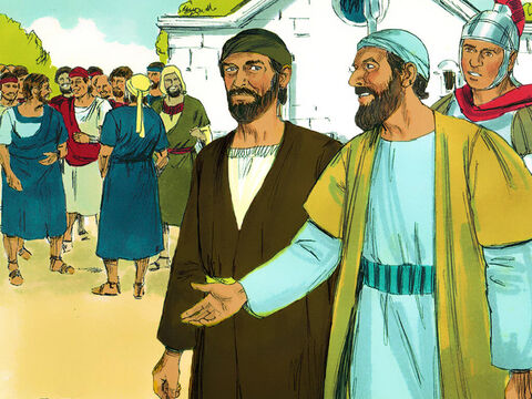 कुरनेलियुस ने तुरन्त अपने दो सेवकों और एक भक्त सिपाही को, जो उसके सेवकों में से एक था, याफा भेजा। – Slide número 5