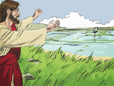 अगली सुबह, यीशु किनारे पर प्रकट हुए लेकिन नाव में बैठे लोग यह नहीं देख सके कि यह यीशु थे। 'दोस्तों, क्या तुमने कोई मछली पकड़ी है?' यीशु ने पूछा।<br/>'नहीं,' उन्होंने उत्तर दिया। – Slide número 3
