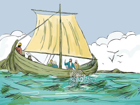 यीशु चिल्लाया, 'अपना जाल नाव के दाहिनी ओर फेंको और तुम्हें कुछ मिलेगा।' उन्होंने आज्ञा मानी। – Slide número 4