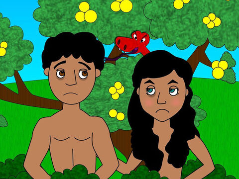 परन्तु जब आदम और हव्वा ने फल खा लिया, तो अचानक उन्हें एहसास हुआ कि वे नग्न हैं और वे लज्जित और भयभीत हुए। – Slide número 7