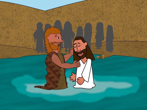 अत: यूहन्ना ने उसकी आज्ञा मानी और सबके सामने यरदन नदी में यीशु को बपतिस्मा दिया। – Slide número 4
