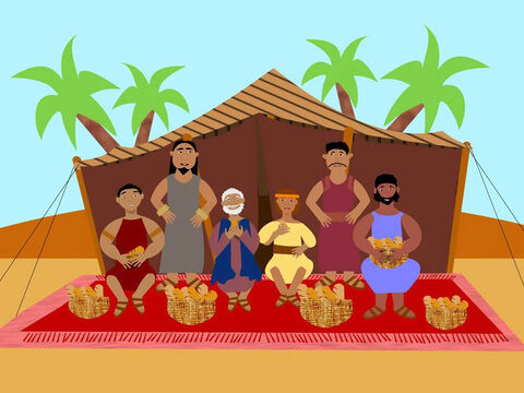 इसलिये याकूब और उसके भाई जो मिस्र से लौटे थे, खाने के लिये पर्याप्त भोजन लेकर कनान में रहे। बेचारा शिमोन मिस्र में बन्दी बना रहा। – Slide número 12