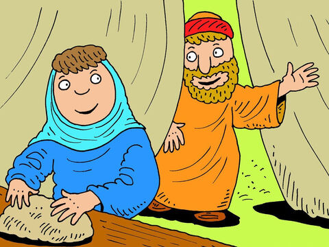 वे तीन पुरुष बैठ गए और इब्राहीम ने उनके लिए भोजन लाने की पेशकश की। वे मान गए और इब्राहीम अपनी पत्नी सारा को खोजने के लिए पास के तम्बू में गया। 'जल्दी करो,' उसने कहा, 'कुछ रोटी बनाओ!' – Slide número 4