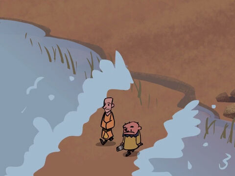 तुरंत नदी में एक रास्ता खुल गया और वे दोनों सूखी जमीन पर चल पड़े। – Slide número 18