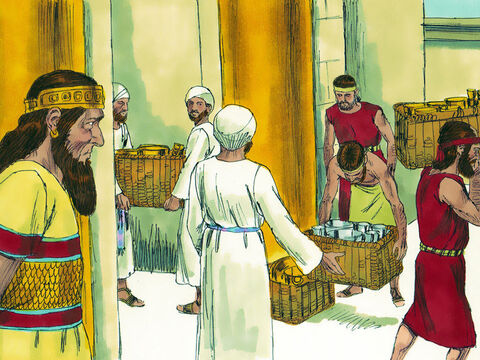 उनके पड़ोसियों ने बड़ी उदारता से उन्हें उपहार दिए। राजा कुस्त्र ने उन 5400 सोने के कीमत पात्रों को जो कि बेबिलोनियो ने मंदिर में से चुराए थे उन्हें यहूदा के नेता शेशबस्सर को दे दिया। – Slide número 7