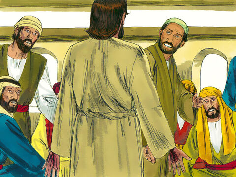 जब वे आपस में बातें कर रह थे, यीशु आप ही उनके बीच में आ खड़ा हुआ, और कहा, 'तुम्हें शान्ति मिले।' वे समझे कि वे किसी भूत देख रहे हैं, और डर गए। – Slide número 2