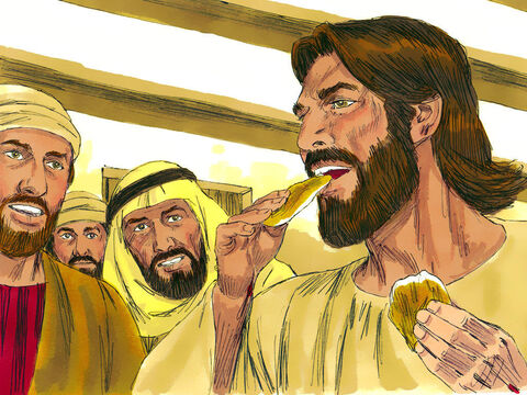 उन्होंने उसे भुनी हुई मछली का एक टुकड़ा दिया और यीशु ने उन्हें देखते ही खा लिया। उन्हें अब पता चल गया था कि वे भूत नहीं देख रहे हैं। – Slide número 5