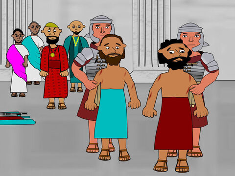 हाकिमों ने पौलुस और सीलास को उनकी पीठ पर कोड़े मारने का आदेश दिया। – Slide número 9