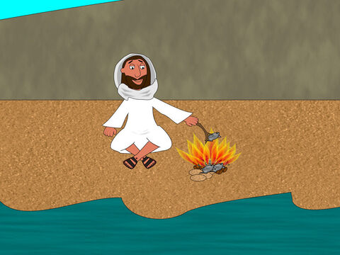 यीशु उनकी प्रतीक्षा कर रहा था। वहाँ आग जल रही थी और उस पर मछलियाँ पक रही थीं और कुछ रोटियाँ भी थीं। उसने कहा, 'जो मछलियाँ तुमने पकड़ीं उनमें से कुछ ले आओ।' – Slide número 10