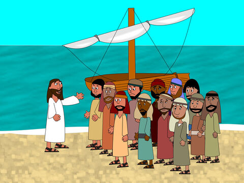 एक बार व्यस्त दिन के अंत में यीशु ने अपने शिष्यों से अपनी नाव में बैठने और झील के दूसरी ओर जाने को कहा। – Slide número 1