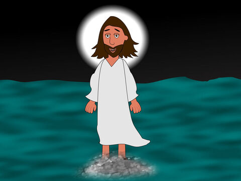 वह पानी पर चलता हुआ उनकी ओर आया। शिष्य बहुत डर गए लेकिन यीशु ने कहा, 'बहादुर बनो! यह मैं हूं, डरो मत!' – Slide número 6