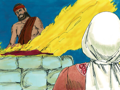 इसके बाद मानोह ने एक जवान बकरा और अन्न बलि लिया और उन्हें एक चट्टान पर परमेश्वर को बलि करके चढ़ाया। – Slide número 8