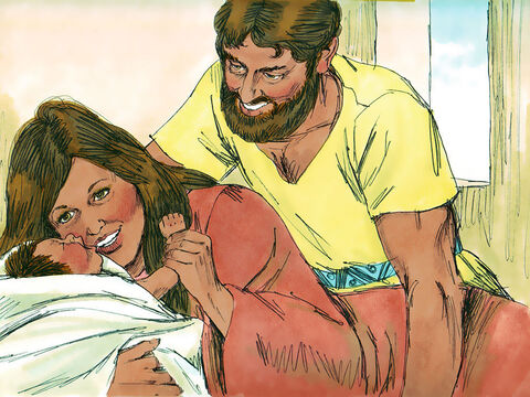 कुछ समय बाद, प्रतिज्ञा के अनुसार उन्हें एक पुत्र हुआ और उन्होंने उसका नाम शिमशोन रखा। – Slide número 10