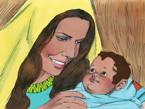 और घर पहुंचने के बाद जल्दी ही, हन्ना गर्भवती हुई और एक बालक को जन्म दिया। उसने और एल्काना ने उसका नाम शमुएल रखा, उसने कहा, ‘मैंने इसे यहोवा से माँगा था।’ – Slide número 11
