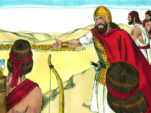 राजा शाऊल और उसकी सेना अमालेकियों के विरूद्ध एक दर्रे में घात लगाकर बैठ गए। – Slide número 5