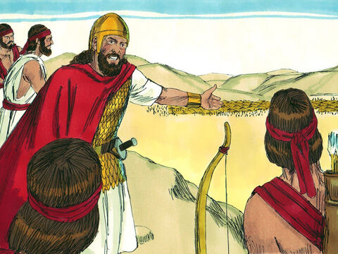 राजा शाऊल और उसकी सेना अपने देश की रक्षा के लिए निकली। उन्होंने गिलबो पर्वत पर डेरे डाले, परन्तु जब शाऊल ने पलिश्ती सेना को देखा, तो वह डर गया। – Slide número 3