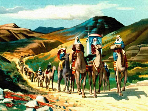 ... इसलिए उसने कठोर रेगिस्तान में एक हजार मील की यात्रा की, और राजा को उपहार देने के लिए ऊंट - सोना, मसाले और गहने साथ लिए। – Slide número 23