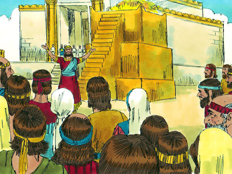 सुलैमान ने लोगों को आशीर्वाद दिया और परमेश्वर की स्तुति की। उसने घोषणा की, 'यहोवा ने दाऊद से अपनी प्रतिज्ञा पूरी की है और मैंने यहोवा के नाम के लिए मंदिर बनाया है।' – Slide número 13