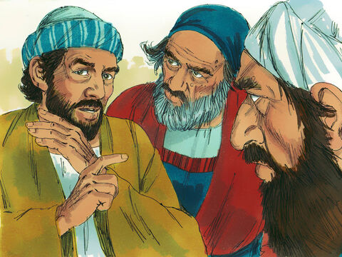 इन यहूदियों ने चुपके से दूसरे लोगों को यह झूठा दावा करने के लिए उकसाया, 'हमने स्तिफनुस को मूसा और परमेश्वर के विरुद्ध निन्दा के शब्द बोलते सुना है।' – Slide número 9