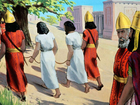 इस्राएल की संतान या तो भाग निकले, मारे गए, या गुलाम होने के लिए बाबुल ले जाए गए। – Slide número 27