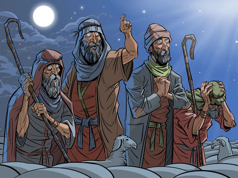 बेथलहम के पास के खेतों में चरवाहों को एक उद्धारकर्ता के जन्म के बारे में बताया जाता है।<br/>लूका 2:8-20 – Slide número 1