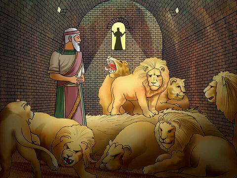 तब दानिय्येल ने राजा से कहा, हे राजा, तू युगयुग जीवित रहे! मेरे परमेश्वर ने अपना दूत भेज कर सिंहों के मुंह को ऐसा बन्द कर रखा कि उन्होंने मेरी कुछ भी हानि नहीं की; इसका कारण यह है, कि मैं उसके साम्हने निर्दोष पाया गया; और हे राजा, तेरे सम्मुख भी मैं ने कोई भूल नहीं की।<br/>दानिय्येल 6:21–22 – Slide número 15