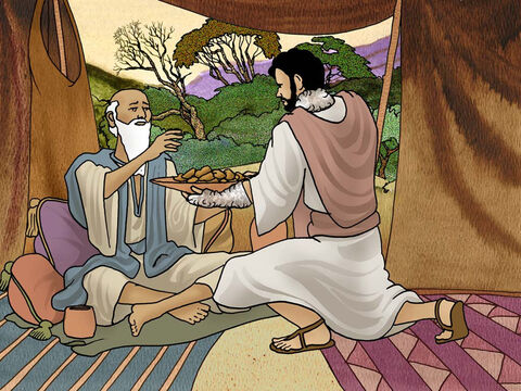 हालाँकि इसहाक नहीं देख सकता था, लेकिन उसे यकीन नहीं था कि वास्तव में एसाव ही उसके लिए भोजन लाया था। इसहाक ने सीधे याकूब से पूछा, 'क्या सचमुच तुम एसाव हो?' और याकूब ने फिर झूठ बोला और कहा कि वह एसाव है। इसहाक अंततः याकूब को आशीर्वाद देने के लिए सहमत हो गया। <br/>(उत्पत्ति 27:20–29) – Slide número 8