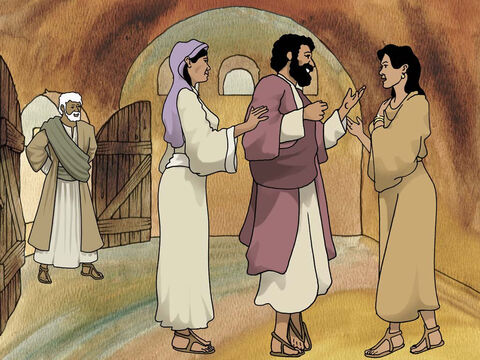 परमेश्वर ने याकूब को उसकी माता की मातृभूमि की ओर ले गया । वहाँ उसे अपने मामा लाबान की बेटी राहेल से प्यार हो गया। लाबान अपनी बहन रिबका की तरह चालबाज़ियों से भरा हुआ था इसलिए वह धोके से याकूब को राहेल और उसकी बहन लिआ: दोनों से शादी करवाने में कामयाबी हासिल की। <br/>(Genesis 29:1-29) – Slide número 12