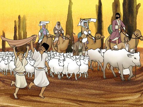 परमेश्वर याकूब के साथ था और उसने उसे बहुत से बच्चों, पशुओं और धन के साथ आशीष दिया। लाबान को जलन हुई और वह याकूब को हतोत्साहित करने का प्रयास करता रहा। कई वर्षों के बाद याकूब ने राहेल और लिआ से कहा कि वह घर लौटना चाहता है। सो वे अपना सामान समेट कर याकूब के देश को चले गए। <br/>(Genesis 30:25 - 31:21) – Slide número 13