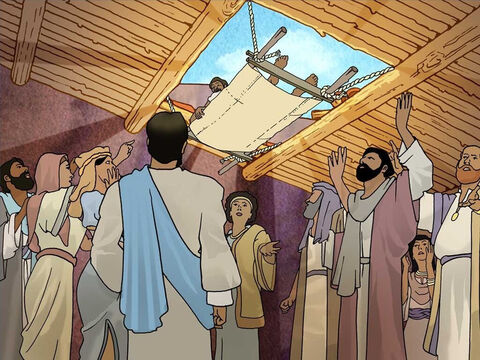 इतनी भीड़ होने के बावजूद भी, उस लकवाग्रस्त के दोस्त पीछे नहीं हटे, वे छत पर चढ़ गए और उन्होंने छत की खपरैल निकालकर उसे यीशु मसीह के सामने उतार दिया। – Slide número 4
