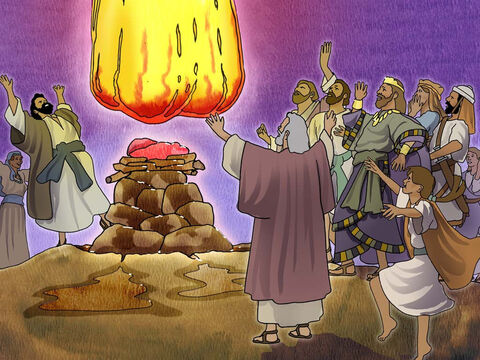 तब यहोवा की आग आकाश से प्रगट हुई और होमबलि को लकड़ी और पत्थरों और धूलि समेत भस्म कर दिया, और गड़हे में का जल भी सुखा दिया। यह देख सब लोग मुंह के बल गिरकर बोल उठे, यहोवा ही परमेश्वर है, यहोवा ही परमेश्वर है! 1 राजा 18:38–39 – Slide número 15