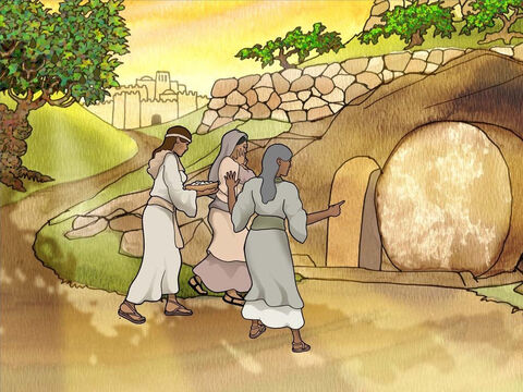 रविवार को महिलाओ ने सुगन्धित वस्तुएं मोल लीं, कि आकर यीशु मसीह के शरीर पर मलें। जब वे कब्र के पास पहुँचे तो वे सोच रहे थे कि वे अंदर कैसे जाएंगे। उन्होंने पाया कि पत्थर लुढ़का हुआ है। जैसे ही उन्होंने प्रवेश किया, उन्होंने देखा कि यीशु मसीह का शरीर जा चुका था।<br/> (मरकुस 16:1–4) – Slide número 4