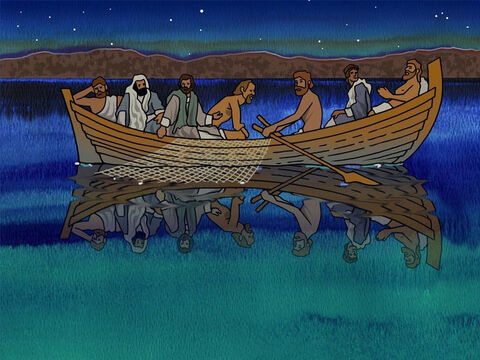 शिष्यों के लिए गलील जाने और यीशु मसीह को उनके निर्देशानुसार देखने का समय आ गया था। यीशु मसीह अभी तक नहीं आया था और एक रात पतरस ने गलील के समुद्र में मछली पकड़ने जाने का फैसला किया। कुछ शिष्य उनके साथ हो लिएl<br/> (यूहन्ना 21:1–3) – Slide número 9