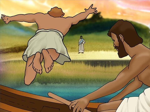 अब यूहन्ना ने जान लिया कि यह यीशु मसीह तट पर था जिसने उन्हें निर्देश दिया था कि क्या करना है। उसने पतरस से कहा, 'यह प्रभु है।' पतरस ने उनके नाव के किनारे पर जाने की प्रतीक्षा नहीं की, इसके बजाय वह नाव से कूद गया और तैरकर अपने प्रभु के पास गया। (यूहन्ना 21:6–7) – Slide número 13