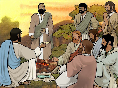 जब वे सब किनारे पर उतरे, यीशु मसीह ने उनसे कहा, आओ और नाश्ता करो। यीशु मसीह ने तो पहले से ही कोयले की आग, और उस पर मछली रखी हुई थी l यीशु मसीह ने उन को प्रोत्साहित किया , कि जो मछिलयां तुम ने अभी पकड़ी हैं, उन में से कुछ लाओ और भोजन करो l<br/>यूहन्ना 21:9–14 – Slide número 14