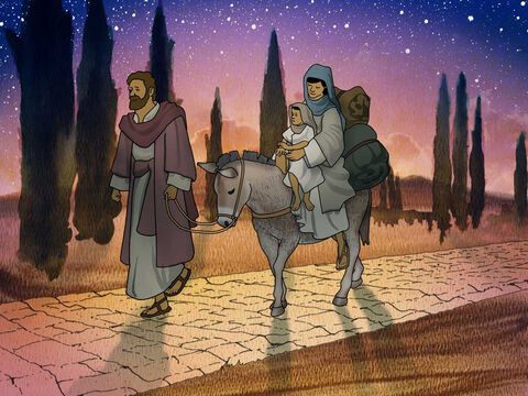 यूसुफ रात ही को उठकर बालक और उस की माता को लेकर मिस्र को चल दिया। और हेरोदेस के मरने तक वहीं रहा; इसलिये कि वह वचन जो प्रभु ने भविष्यद्वक्ता के द्वारा कहा था कि मैं ने अपने पुत्र को मिस्र से बुलाया पूरा हो। मत्ती 2:14–15 – Slide número 9
